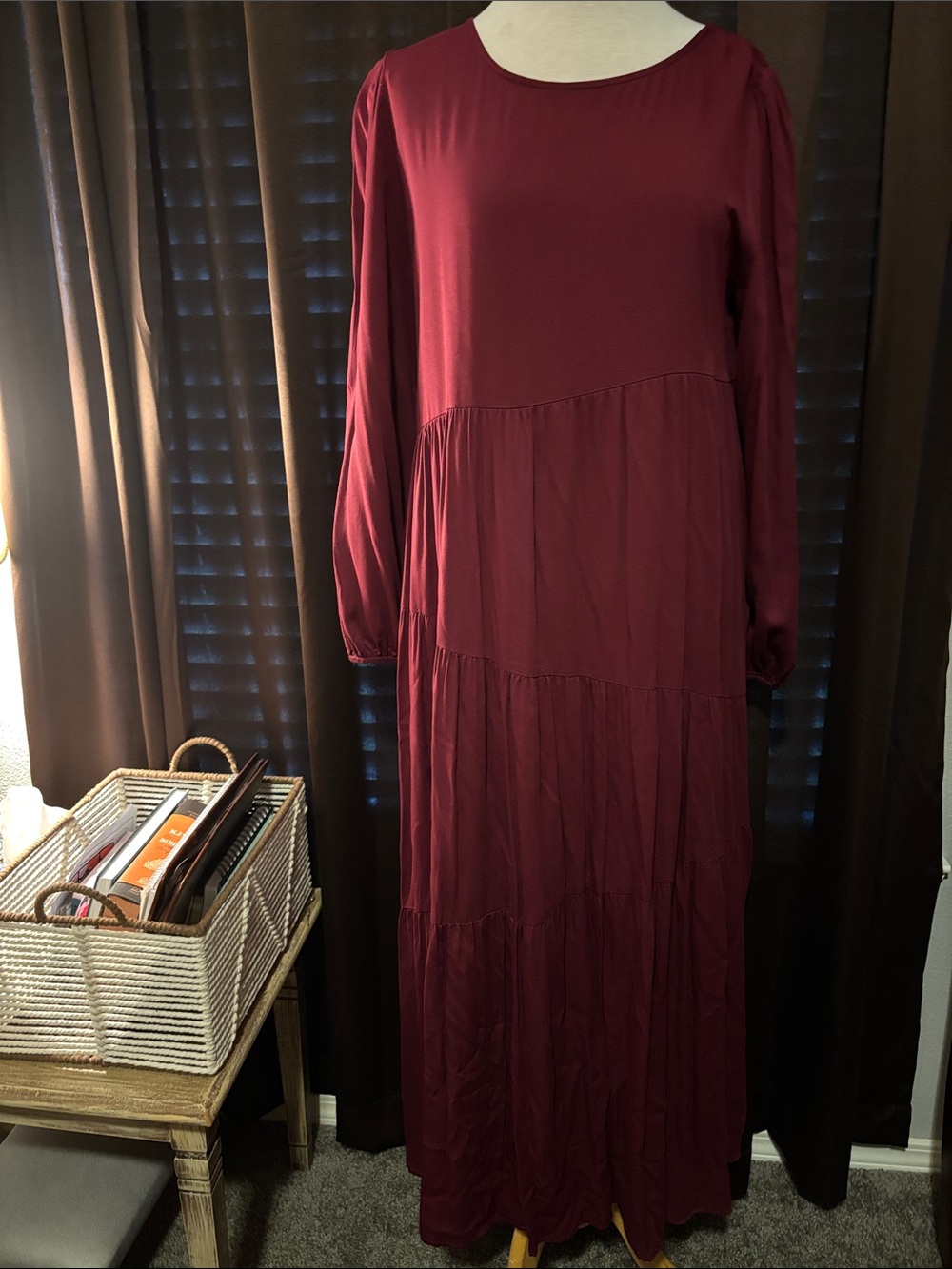 Long Sleeve Burgundy Tiered Maxi Dress